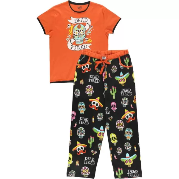Lazy One Womens Pajama Set Short Sleeves with Cute Prints Relaxed FitDead Tired Orange Womens Pj Set