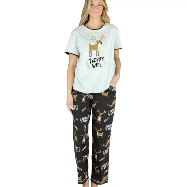 Lazy One Womens Pajama Set Short Sleeves with Cute Prints Relaxed FitTrophy Wife Blue Pajama Set