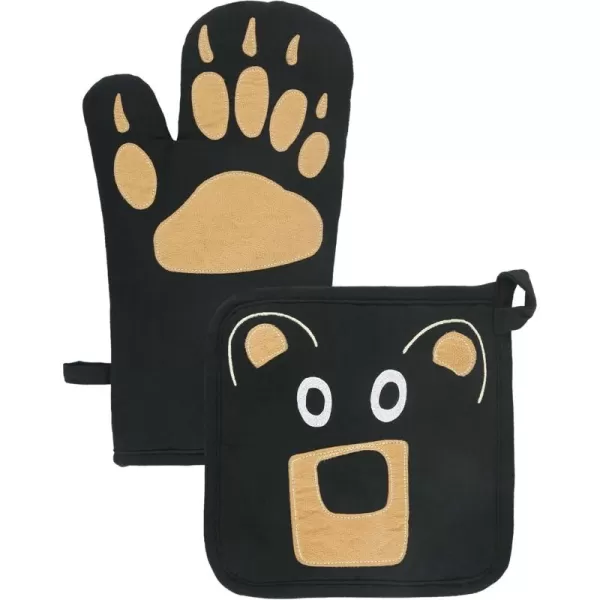 LazyOne Funny Bear Oven Mitt and Pot Holder Set Cute Kitchen Accessories for Home Set of 1 Matching Oven Glove and 1 Hot PadBlack Bear