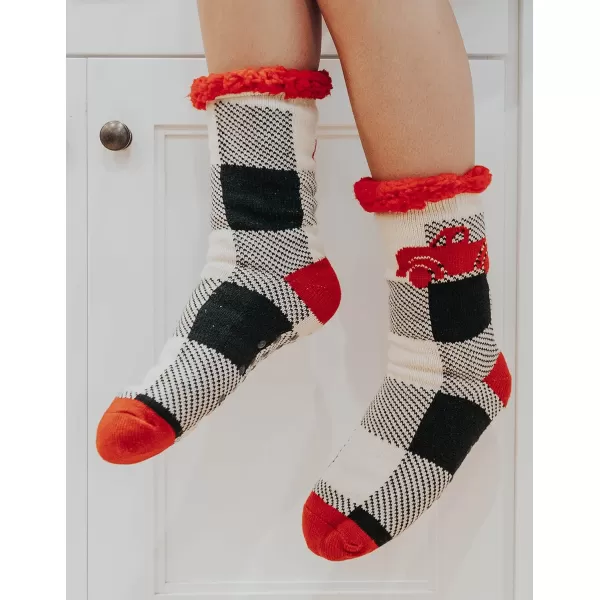Lazy One Plush Nonskid Socks Fuzzy Socks with Cute Designs for Women Sherpa FleeceLined SocksTruck Plaid Plush Sock