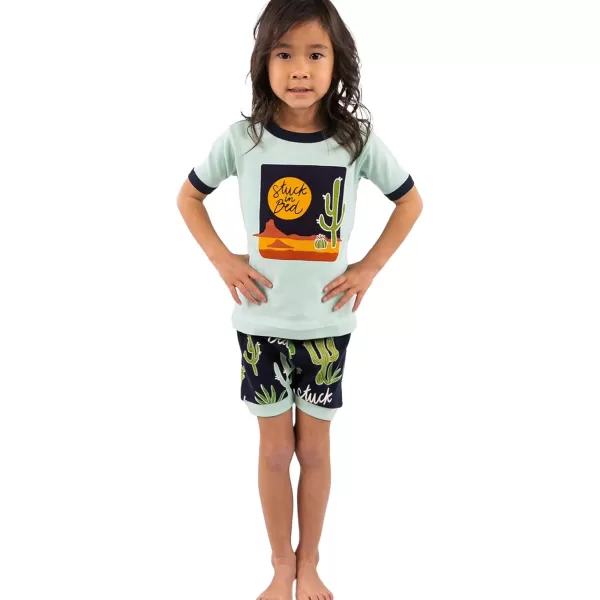 Lazy One ShortSleeved Summer Pajama Set for Girls and Boys Kid Pajama SetBlue Stuck in Bed