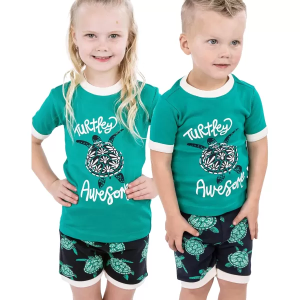 Lazy One ShortSleeved Summer Pajama Set for Girls and Boys Kid Pajama SetTurtley Awesome
