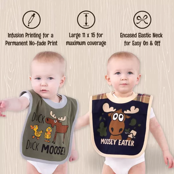 LazyOne AnimalPrint Baby Bibs Infant Bibs Cute Baby Shower Gifts One Size Pack of 2Moosey Eater and Duck Duck Moose Boy