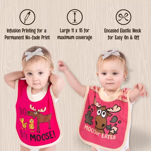 LazyOne AnimalPrint Baby Bibs Infant Bibs Cute Baby Shower Gifts One Size Pack of 2Moosey Eater and Duck Duck Moose Girl