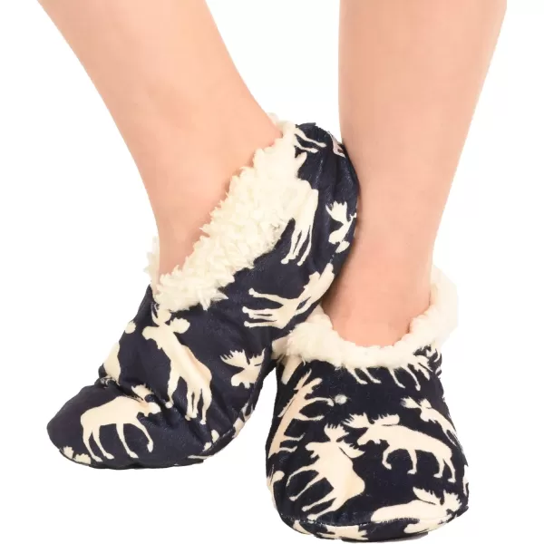 Lazy One Fuzzy Feet Slipper Socks for Women Cute FleeceLined House Slippers NonSkid Slipper SocksClassic Moose Blue Fuzzy Feet