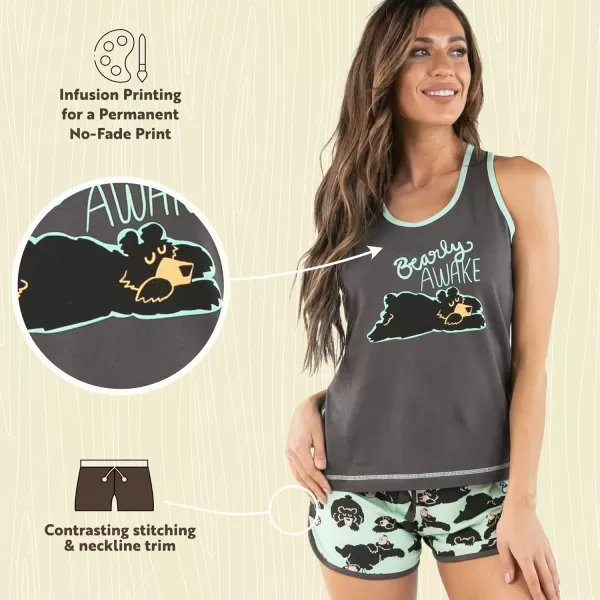 Lazy One Matching Pajamas for Women Cute Pajama Shorts and Tank Top Set Summer PajamasBearly Awake Grey