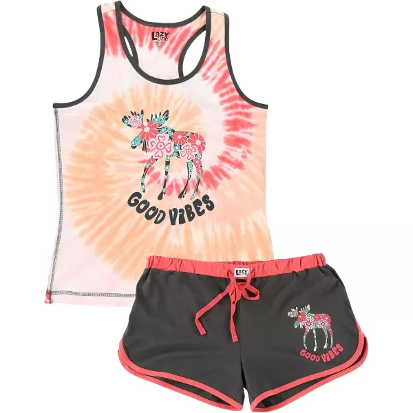 Lazy One Matching Pajamas for Women Cute Pajama Shorts and Tank Top Set Summer PajamasGood Vibes Moose