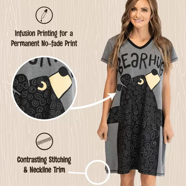 Lazy One Womens Nightgown Funny VNeck Sleep Shirt for Women Bear ampamp Moose Pajama ShirtsBear Hug Grey Nightshirt