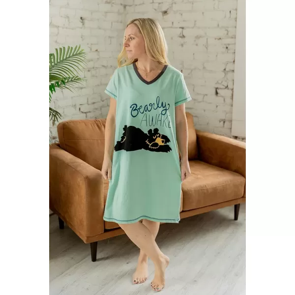 Lazy One Womens Nightgown Funny VNeck Sleep Shirt for Women Bear ampamp Moose Pajama ShirtsBearly Awake Blue Nightshirt