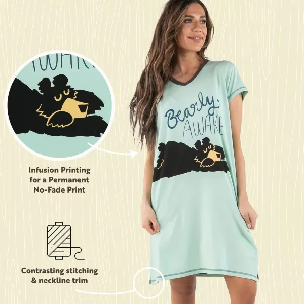 Lazy One Womens Nightgown Funny VNeck Sleep Shirt for Women Bear ampamp Moose Pajama ShirtsBearly Awake Blue Nightshirt