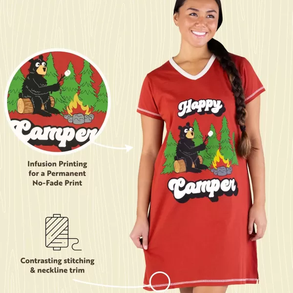Lazy One Womens Nightgown Funny VNeck Sleep Shirt for Women Bear ampamp Moose Pajama ShirtsHappy Camper Red Nightshirt
