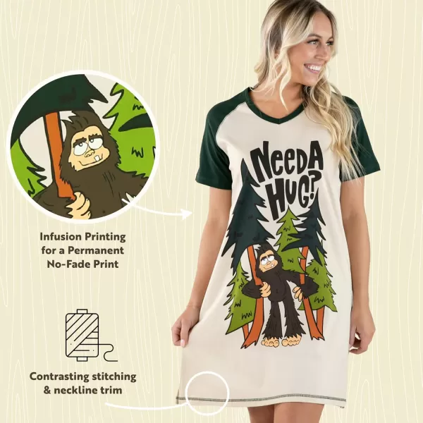 Lazy One Womens Nightgown Funny VNeck Sleep Shirt for Women Bear ampamp Moose Pajama ShirtsNeed a Hug Bigfoot Nightshirt