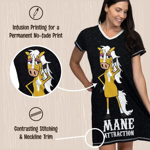 Lazy One Womens Nightgown Funny VNeck Sleep Shirt for Women Horse PJ Tee Mane Attraction SM