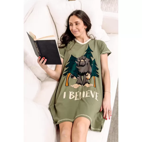 Lazy One Womens Nightgown Funny VNeck Sleep Shirt for Women Novelty Pajama ShirtI Believe Bigfoot Nightshirt