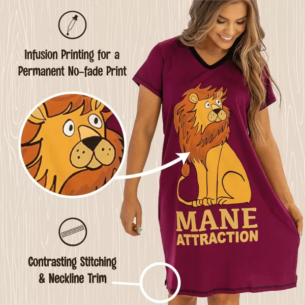 Lazy One Womens Nightgown Funny VNeck Sleep Shirt for Women Novelty Pajama ShirtMane Attaction Nightshirt