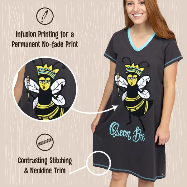 Lazy One Womens Nightgown Funny VNeck Sleep Shirt for Women Novelty Pajama ShirtQueen Bee Nightshirt
