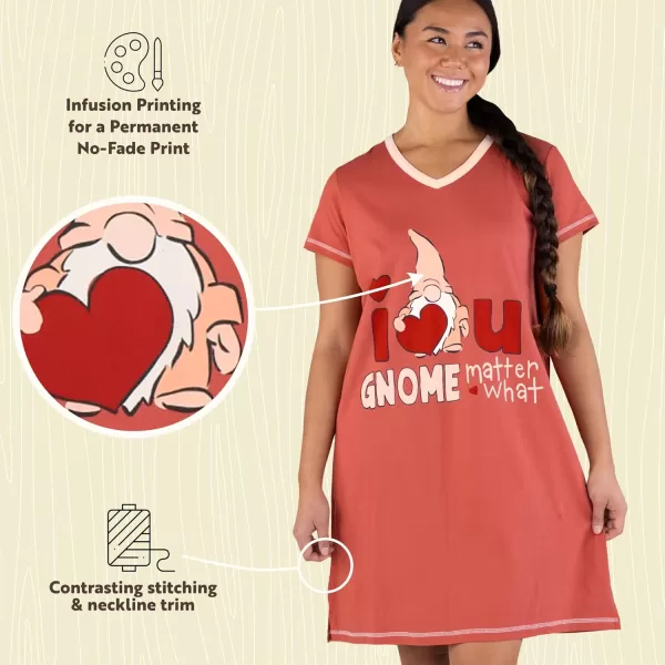 Lazy One Womens Nightgown Funny VNeck Sleep Shirt for Women Novelty Pajama ShirtValentines Day Gnome Nightshirt