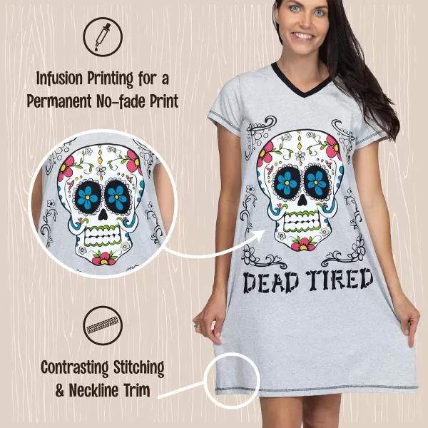 Lazy One Womens Nightgown Funny VNeck Sleep Shirt for Women Novelty Pajama ShirtsDead Tired Sugar Skull Nightshirt