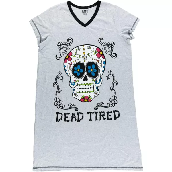 Lazy One Womens Nightgown Funny VNeck Sleep Shirt for Women Novelty Pajama ShirtsDead Tired Sugar Skull Nightshirt