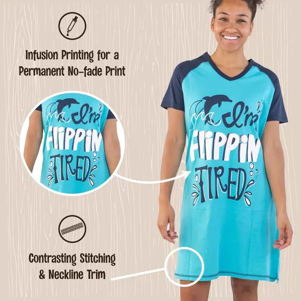 Lazy One Womens Nightgown Funny VNeck Sleep Shirt for Women Novelty Pajama ShirtsIm Flipping Tired Dolphin Nightshirt