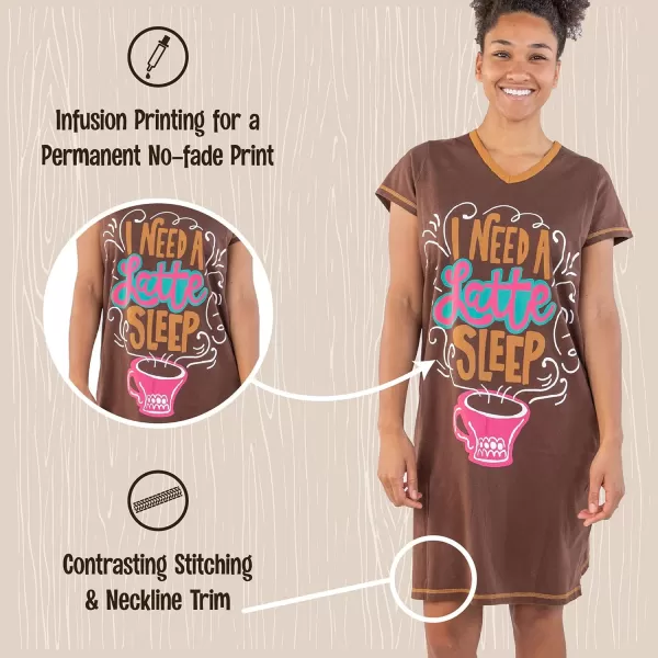 Lazy One Womens Nightgown Funny VNeck Sleep Shirt for Women Novelty Pajama ShirtsLatte Sleep  Coffee Nightshirt