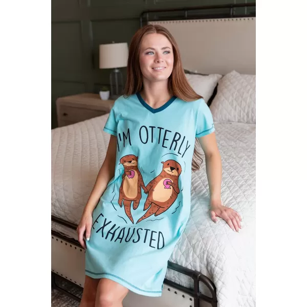 Lazy One Womens Nightgown Funny VNeck Sleep Shirt for Women Novelty Pajama ShirtsOtterly Exhausted Light Nightshirt
