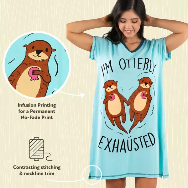 Lazy One Womens Nightgown Funny VNeck Sleep Shirt for Women Novelty Pajama ShirtsOtterly Exhausted Light Nightshirt