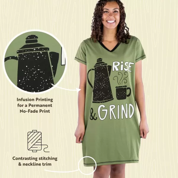 Lazy One Womens Nightgown Funny VNeck Sleep Shirt for Women Novelty Pajama ShirtsRise  Grind Nightshirt