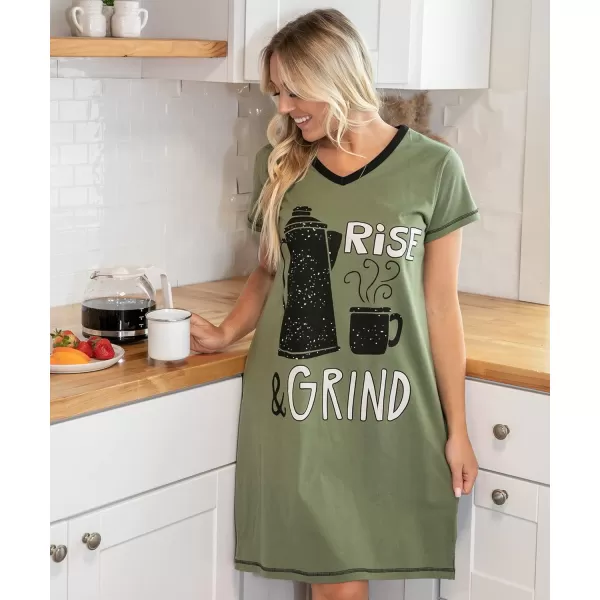 Lazy One Womens Nightgown Funny VNeck Sleep Shirt for Women Novelty Pajama ShirtsRise  Grind Nightshirt