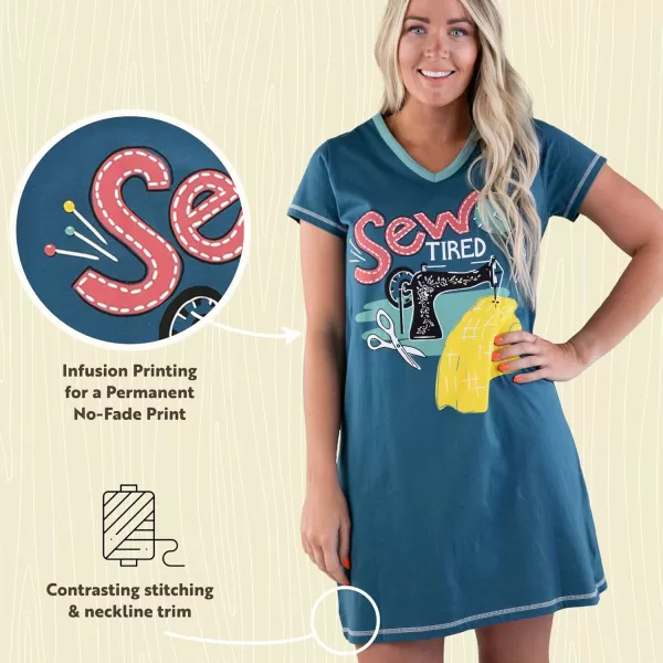 Lazy One Womens Nightgown Funny VNeck Sleep Shirt for Women Novelty Pajama ShirtsSew Tired Nightshirt
