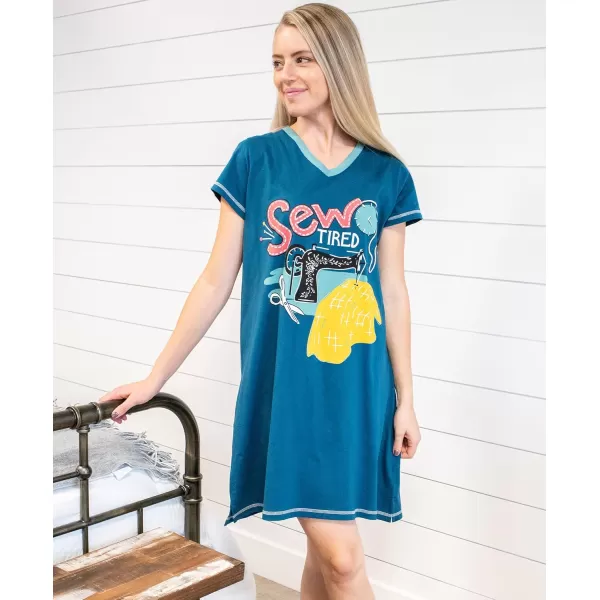 Lazy One Womens Nightgown Funny VNeck Sleep Shirt for Women Novelty Pajama ShirtsSew Tired Nightshirt