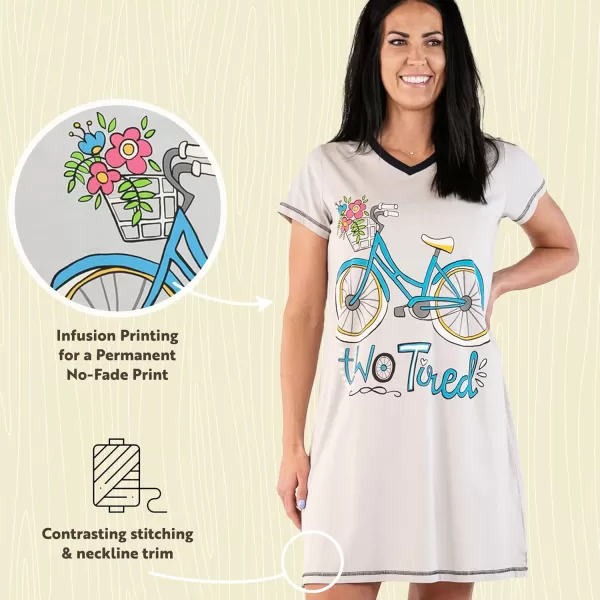 Lazy One Womens Nightgown Funny VNeck Sleep Shirt for Women Novelty Pajama ShirtsTwo Tired Bike Nightshirt
