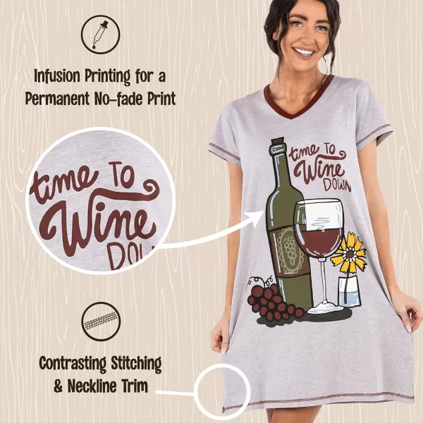 Lazy One Womens Nightgown Funny VNeck Sleep Shirt for Women Novelty Pajama ShirtsWining Down Nightshirt