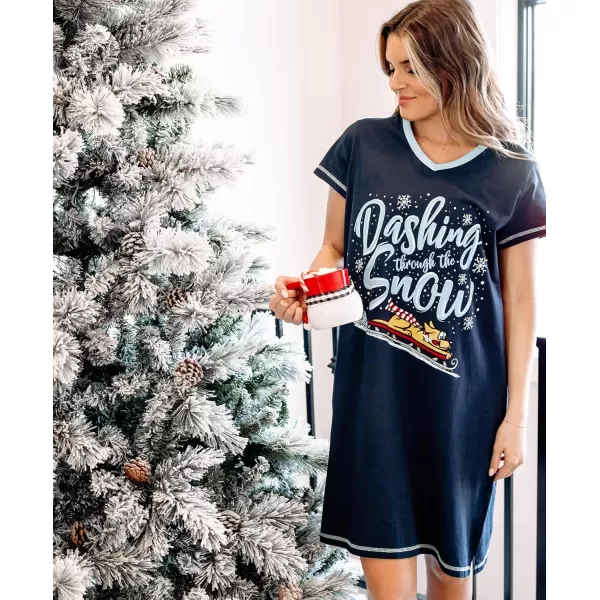 Lazy One Womens Nightgown Funny VNeck Sleep Shirt for Women Novelty Pajama TeesDashing Through Snow Nightshirt