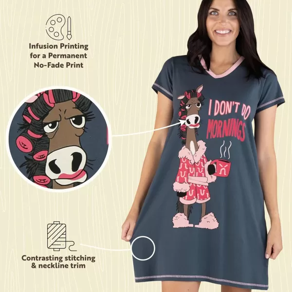 Lazy One Womens Nightgown Funny VNeck Sleep Shirt for Women Novelty Pajama TeesDont Do Mornings Horse Nightshirt