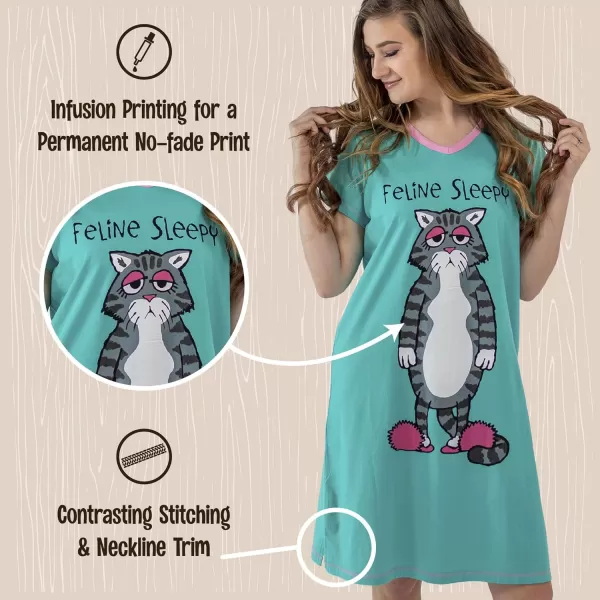 Lazy One Womens Nightgown Funny VNeck Sleep Shirt for Women Novelty Pajama TeesFeline Sleepy Nightshirt