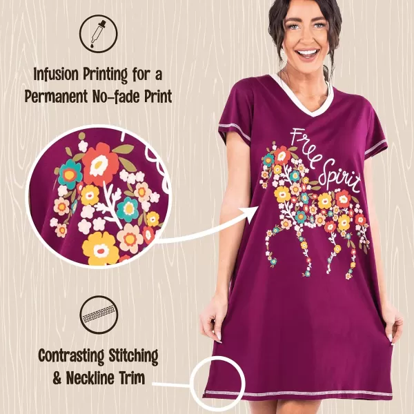 Lazy One Womens Nightgown Funny VNeck Sleep Shirt for Women Novelty Pajama TeesFree Spirit Nightshirt