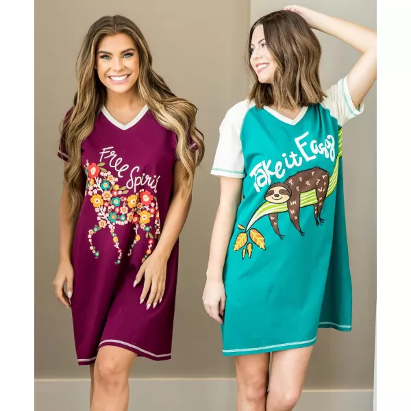 Lazy One Womens Nightgown Funny VNeck Sleep Shirt for Women Novelty Pajama TeesFree Spirit Nightshirt