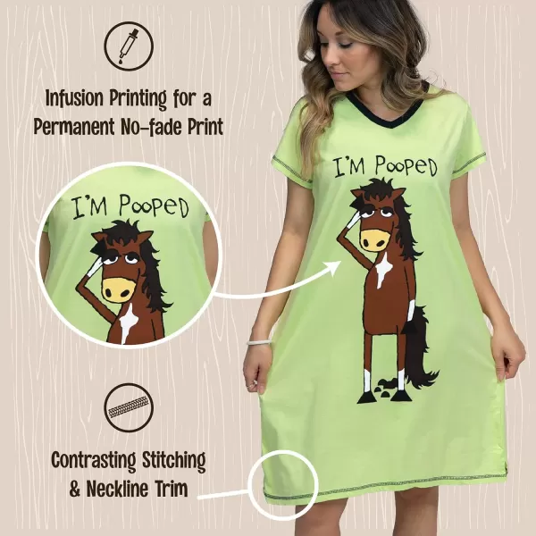 Lazy One Womens Nightgown Funny VNeck Sleep Shirt for Women Novelty Pajama TeesIm Pooped Horse Nightshirt