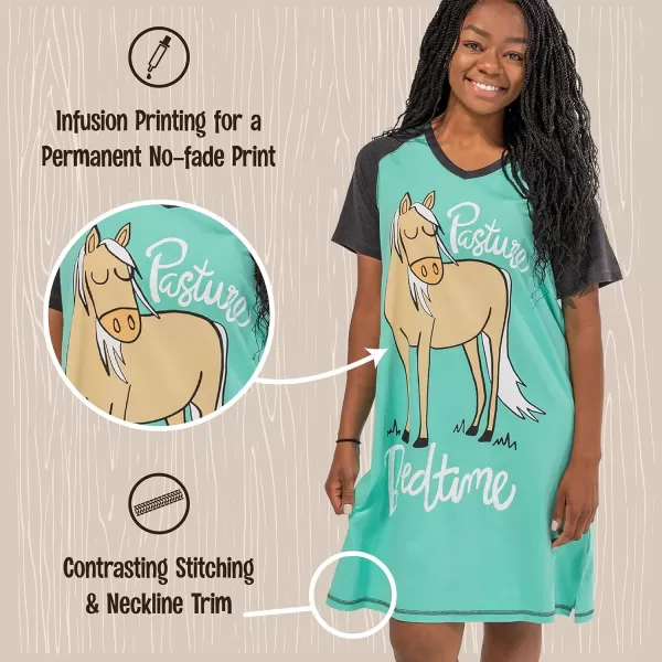 Lazy One Womens Nightgown Funny VNeck Sleep Shirt for Women Novelty Pajama TeesPasture Bedtime Horse Nightshirt