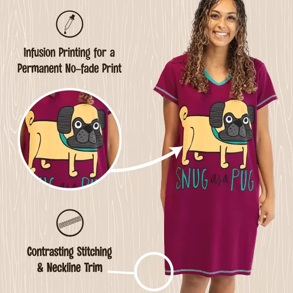 Lazy One Womens Nightgown Funny VNeck Sleep Shirt for Women Novelty Pajama TeesSnug as a Pug Nightshirt