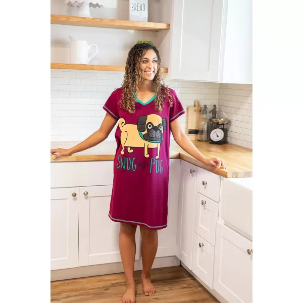 Lazy One Womens Nightgown Funny VNeck Sleep Shirt for Women Novelty Pajama TeesSnug as a Pug Nightshirt