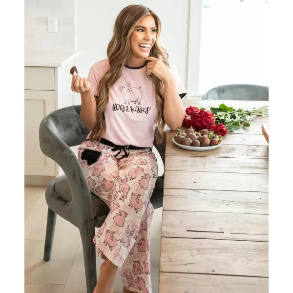 Lazy One Womens Pajama Set Short Sleeves with Cute Prints Relaxed FitHogs  Kisses Pj Set
