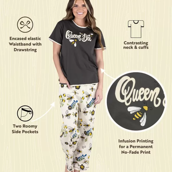 Lazy One Womens Pajama Set Short Sleeves with Cute Prints Relaxed FitQueen Bee Pajama Set