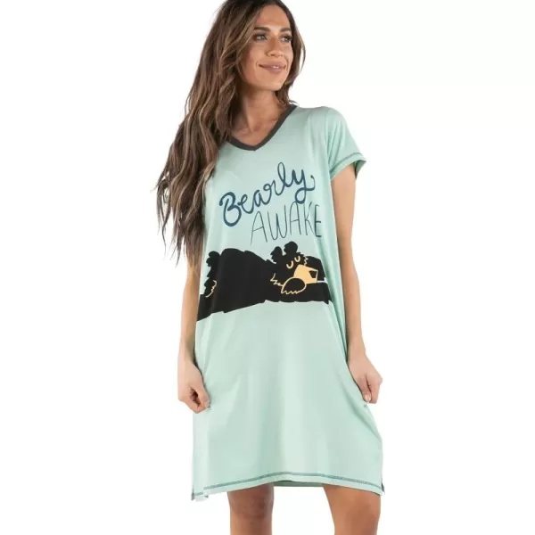 Lazy One Womens Nightgown Funny VNeck Sleep Shirt for Women Bear ampamp Moose Pajama ShirtsBearly Awake Blue Nightshirt