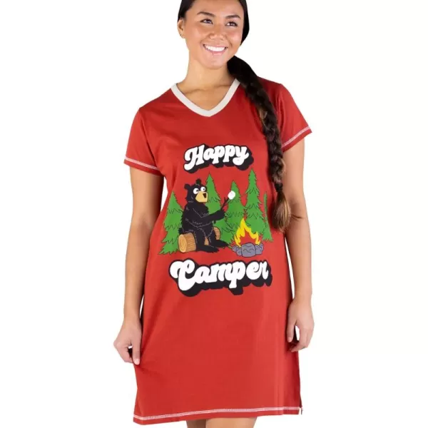 Lazy One Womens Nightgown Funny VNeck Sleep Shirt for Women Bear ampamp Moose Pajama ShirtsHappy Camper Red Nightshirt