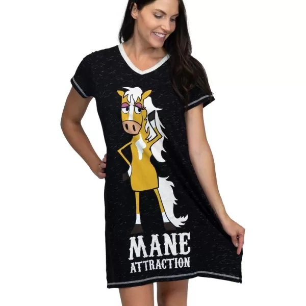 Lazy One Womens Nightgown Funny VNeck Sleep Shirt for Women Horse PJ Tee Mane Attraction SM
