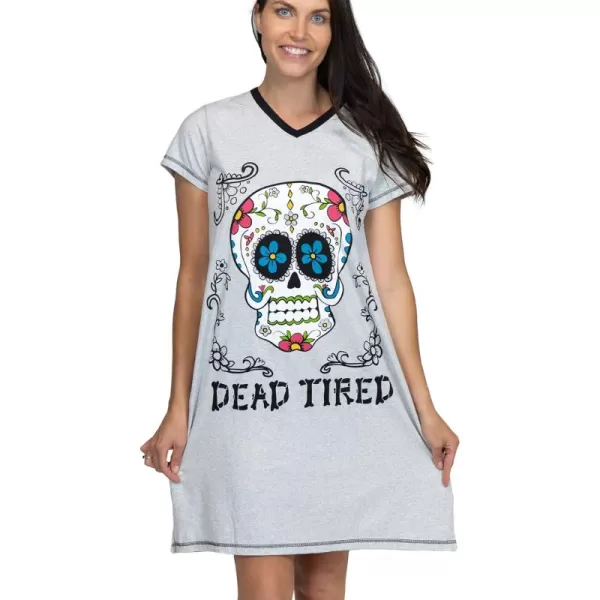 Lazy One Womens Nightgown Funny VNeck Sleep Shirt for Women Novelty Pajama ShirtsDead Tired Sugar Skull Nightshirt