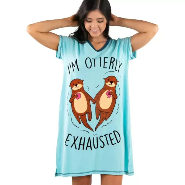 Lazy One Womens Nightgown Funny VNeck Sleep Shirt for Women Novelty Pajama ShirtsOtterly Exhausted Light Nightshirt
