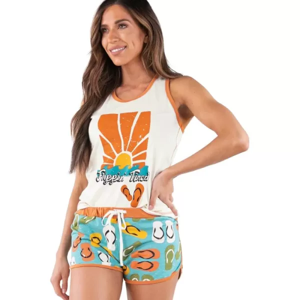 Lazy One Matching Pajamas for Women Cute Pajama Shorts and Tank Top Set Summer Ocean Seaside Flip Flop Large